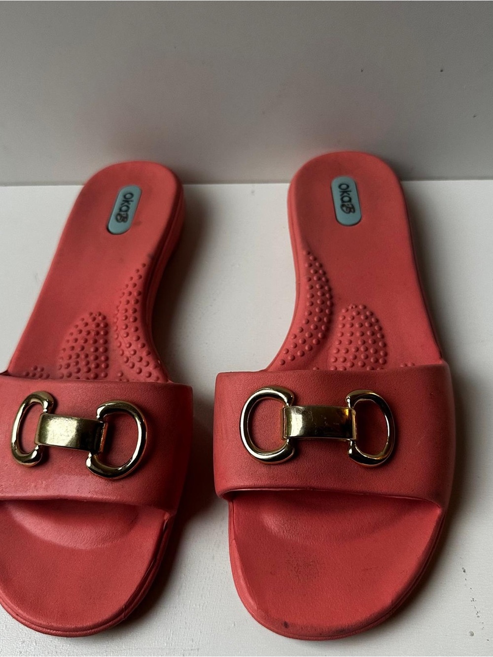 Oka B Comfort Slide Sandals Coral Pink Gold Hardware Women ML Made in USA